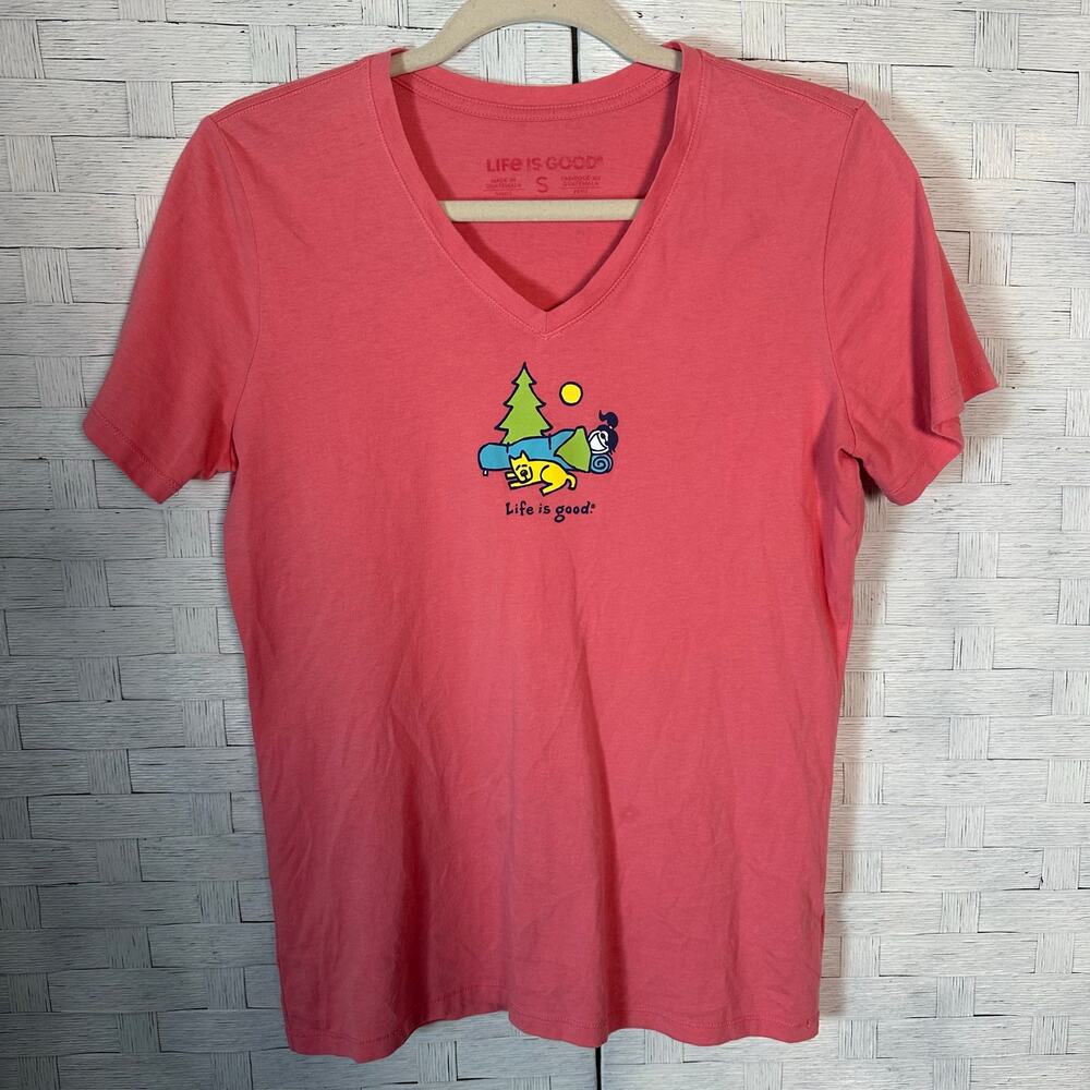 Life is good women's T-shirt, V-neck girl camping with her dog casual outdoor